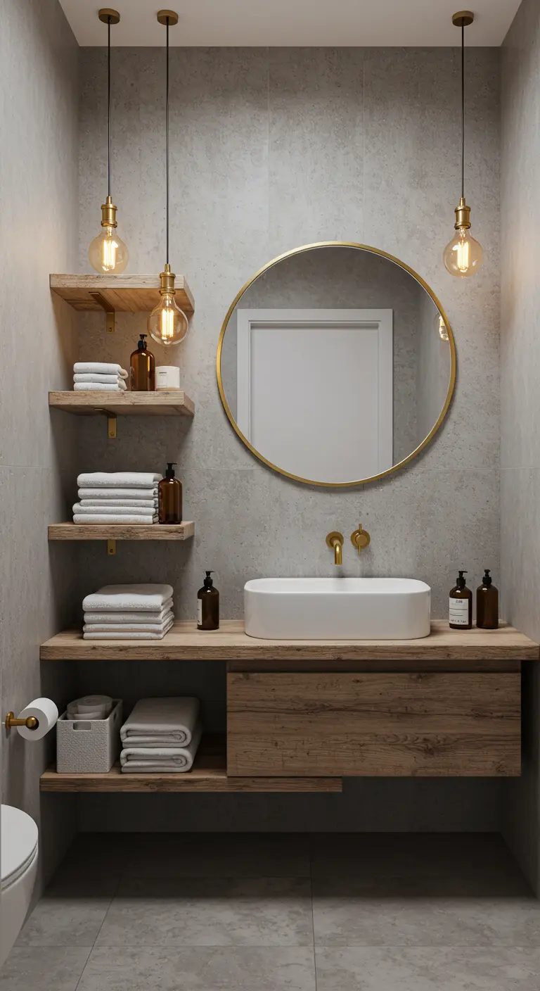 Badkamer met houten meubel, ronde gouden spiegel en gouden hanglampjes