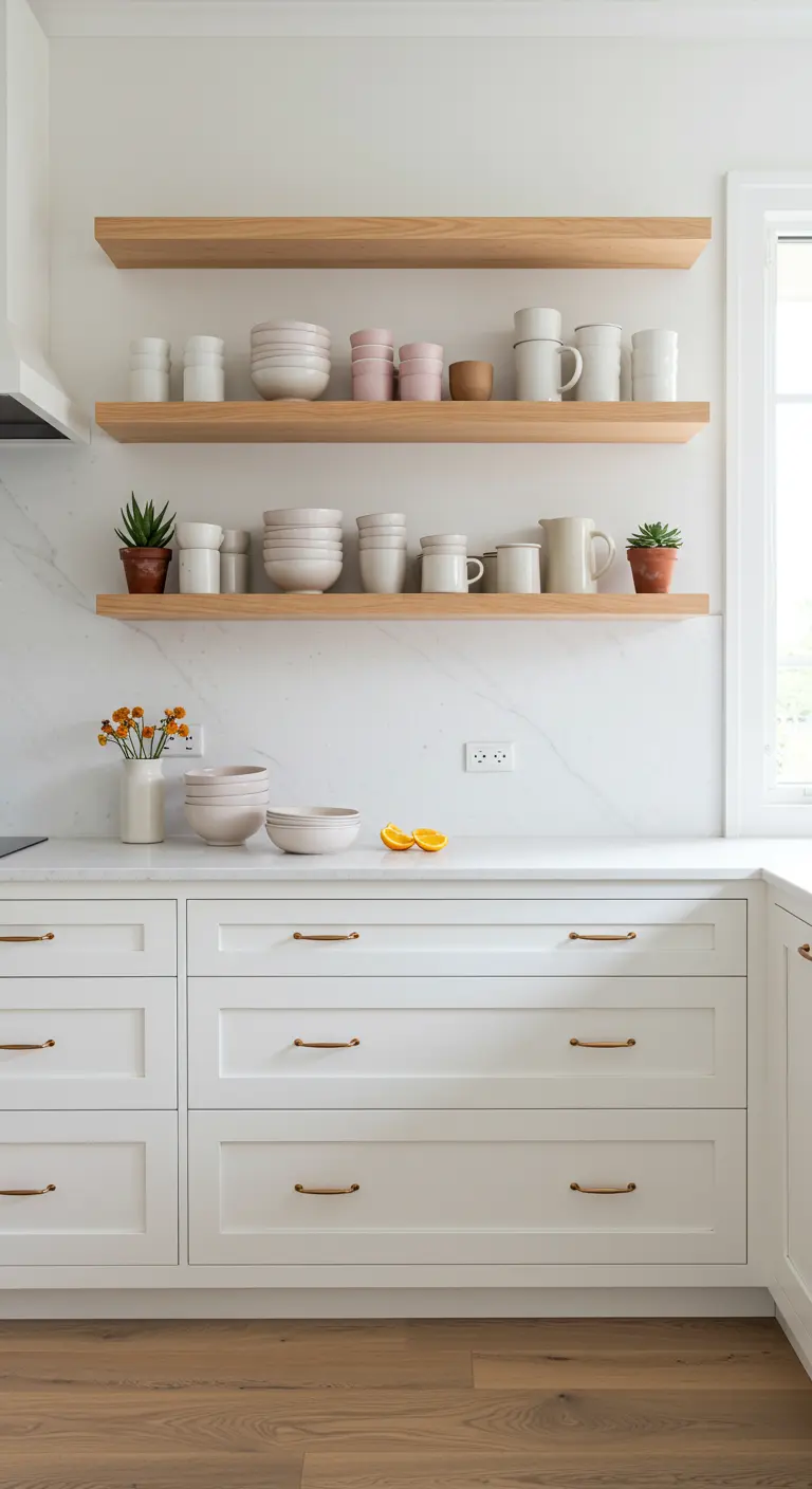Witte keuken met drie zwevende houten planken waarop wit en pastelkleurig servies staat.
