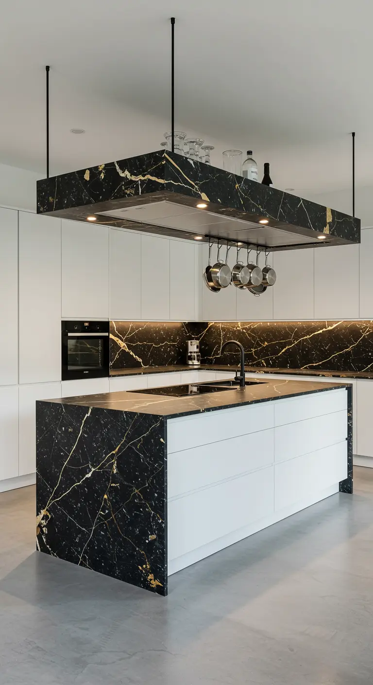 Witte keuken met een zwart marmeren eiland met gouden aders en een bijpassende zwevende marmeren afzuigkapconstructie.