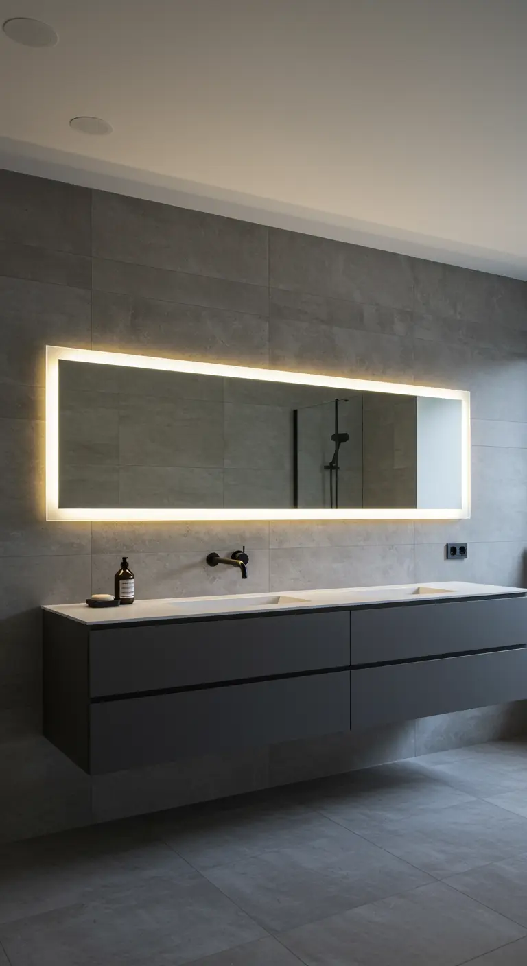 Moderne grijze badkamer met brede spiegel met backlight boven zwevend meubel.