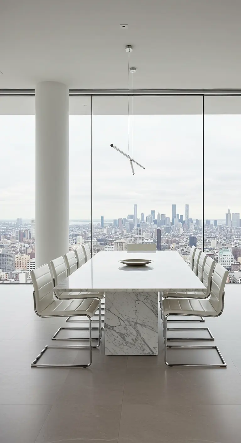 Moderne eetkamer met witte cantilever stoelen, marmeren tafel en groot stadsuitzicht.