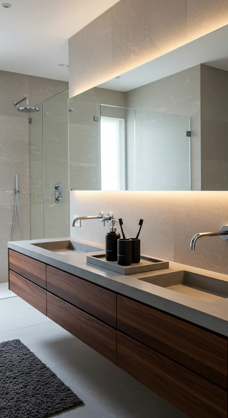 Modern zwevend houten badkamermeubel met betonnen wasbak en zwarte accessoires.