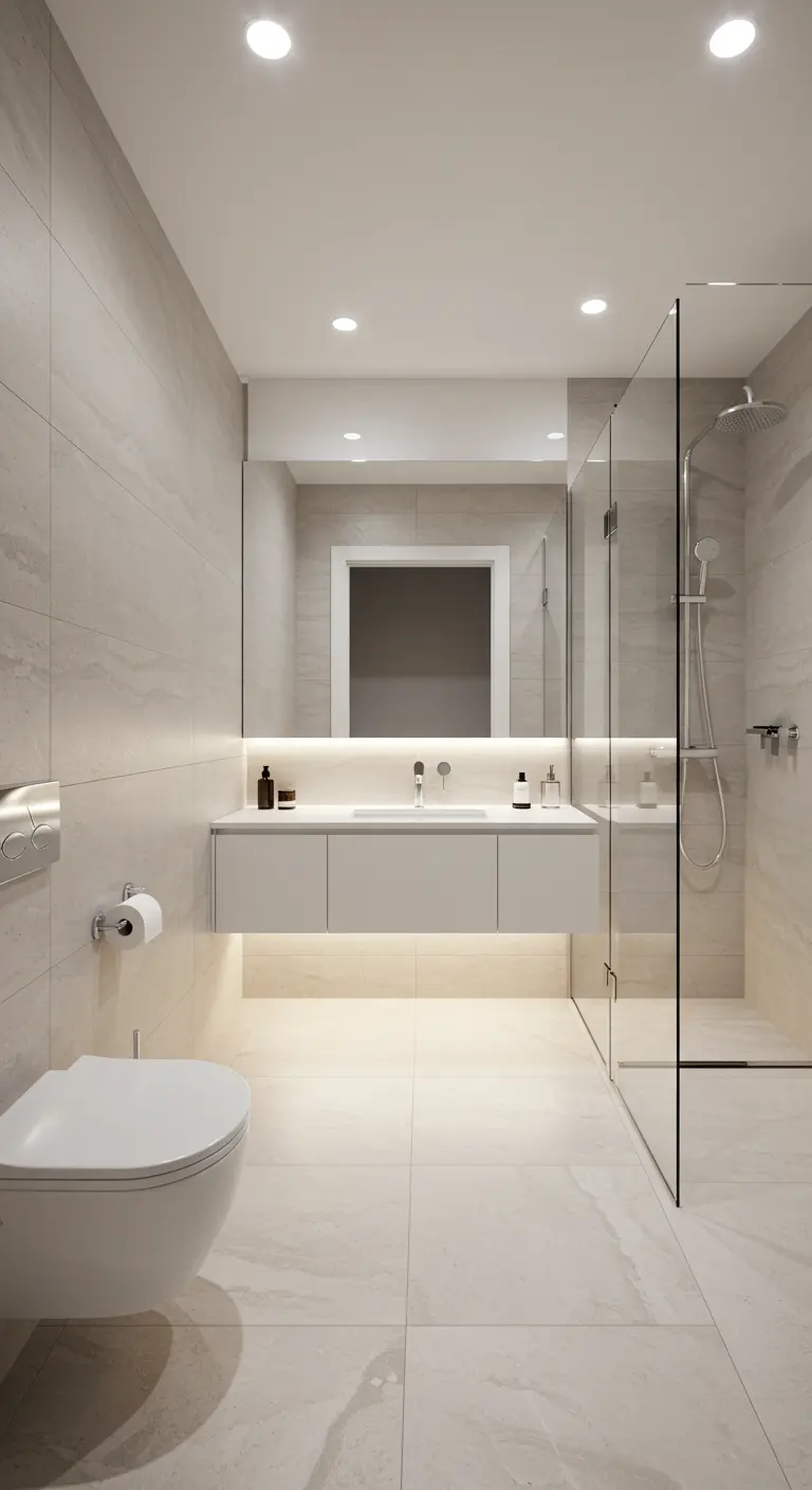 Beige minimalistische badkamer met zwevend meubel en onderverlichting.