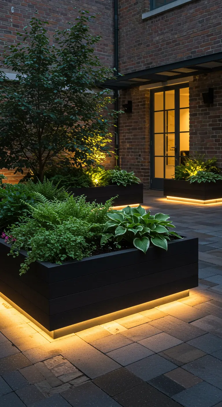 Zwarte houten plantenbakken met groene planten, verlicht van onderaf met een warme LED-strip.