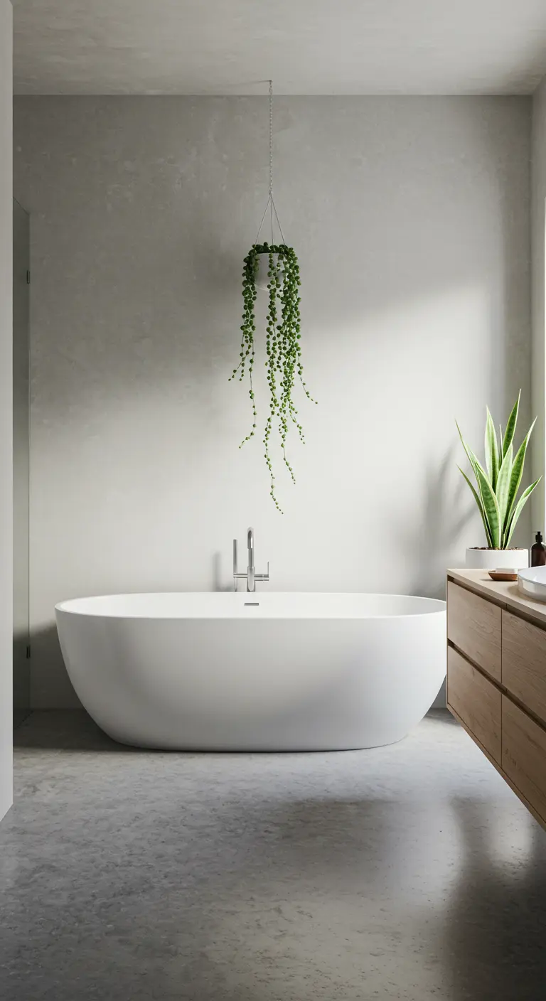Zwevende Erwtenplantje boven vrijstaand bad in minimalistische badkamer