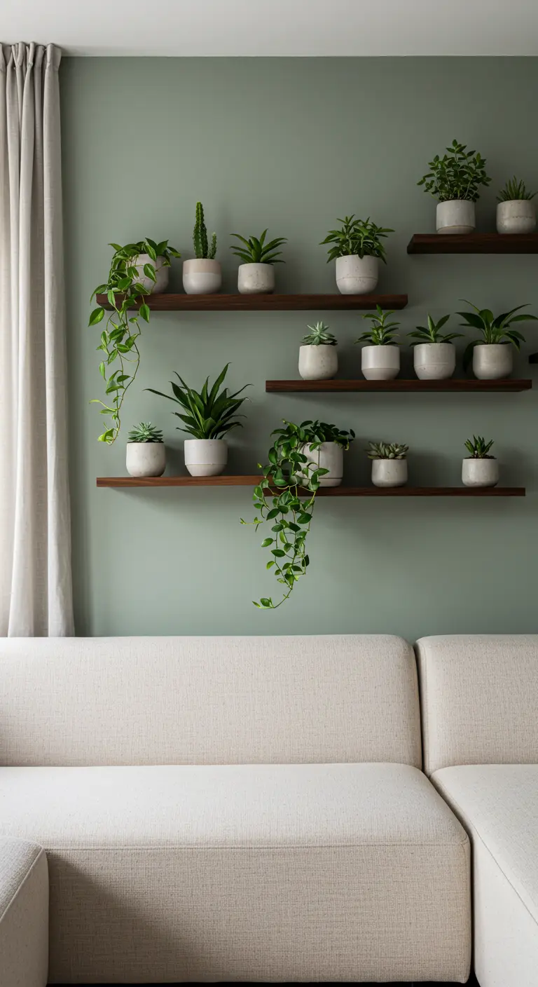 Groene planten in witte potten op donkere wandplanken boven een beige bank.