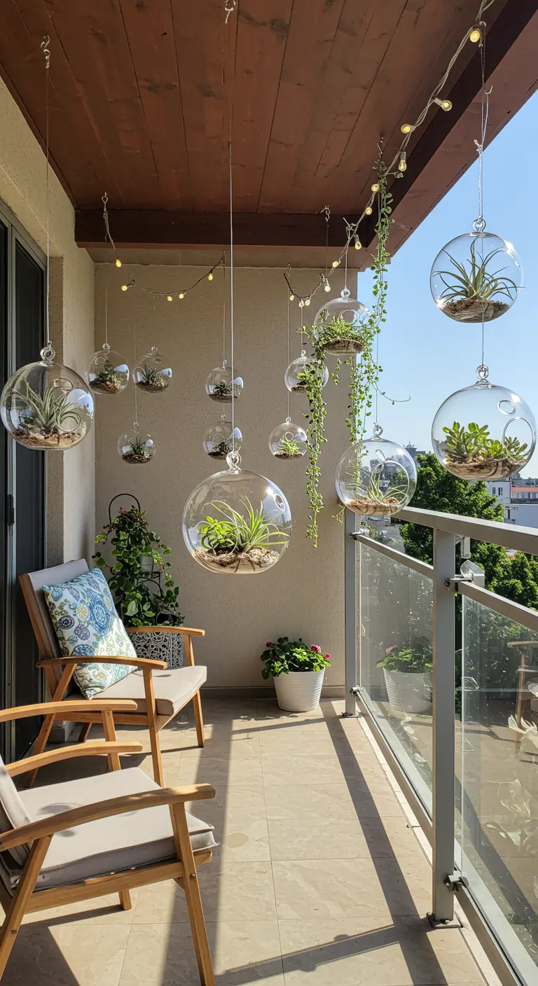 Balkon met hangende glazen terraria met plantjes, houten stoelen en lichtsnoer.