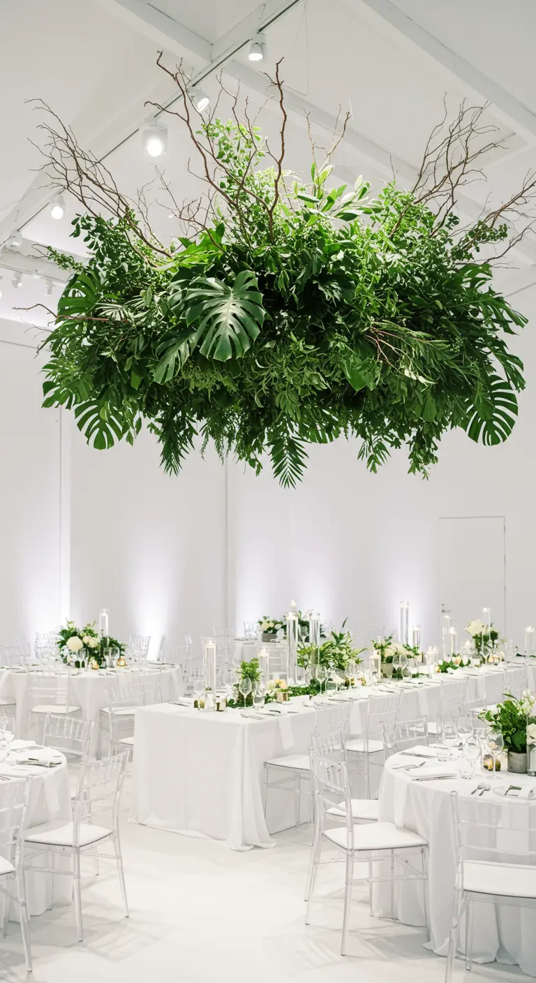 Minimalistische witte trouwzaal met grote hangende installatie van divers groen boven tafels.