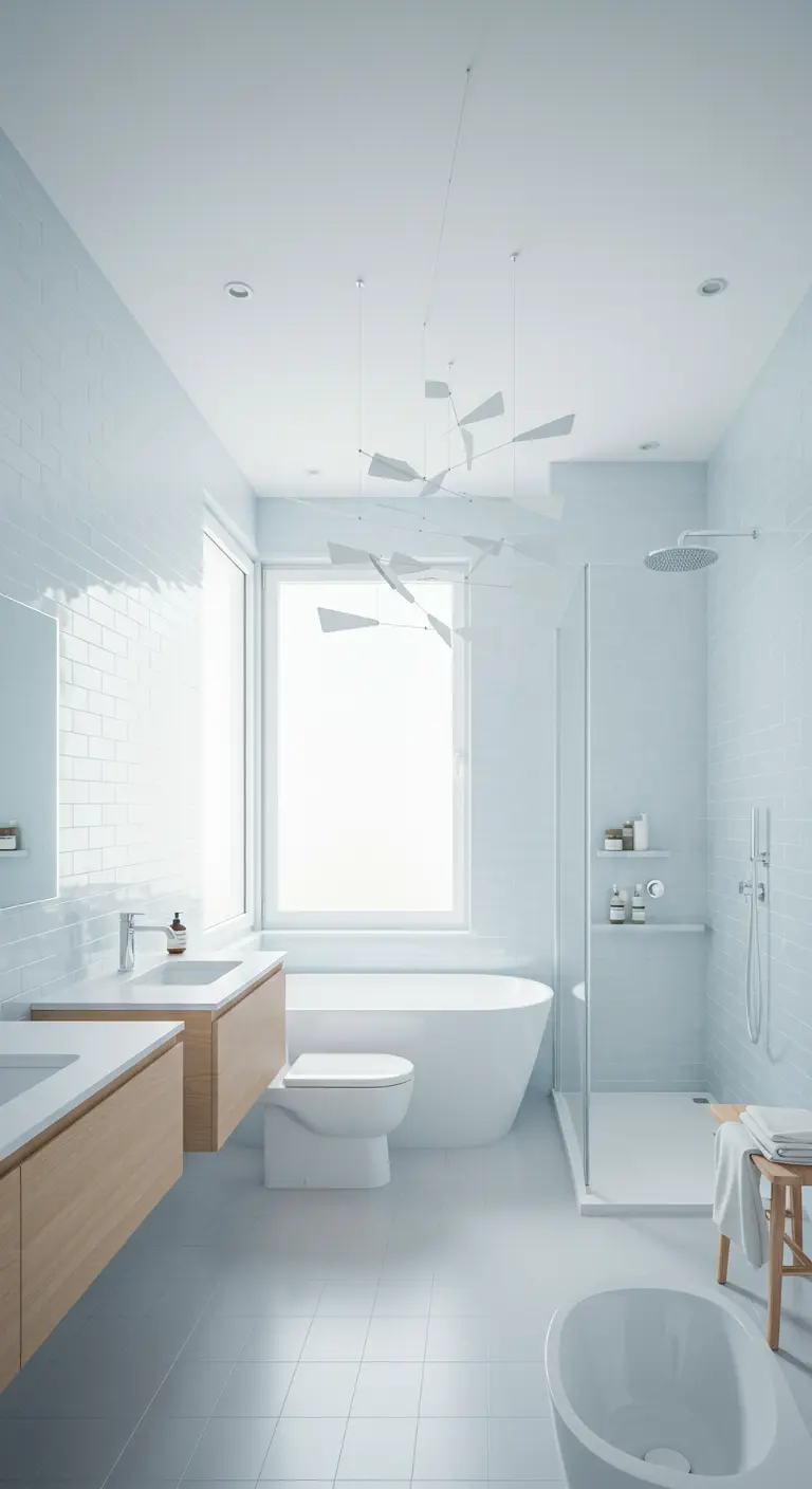 Lichte, witte badkamer met een witte mobile sculptuur hangend boven het bad bij een groot raam.