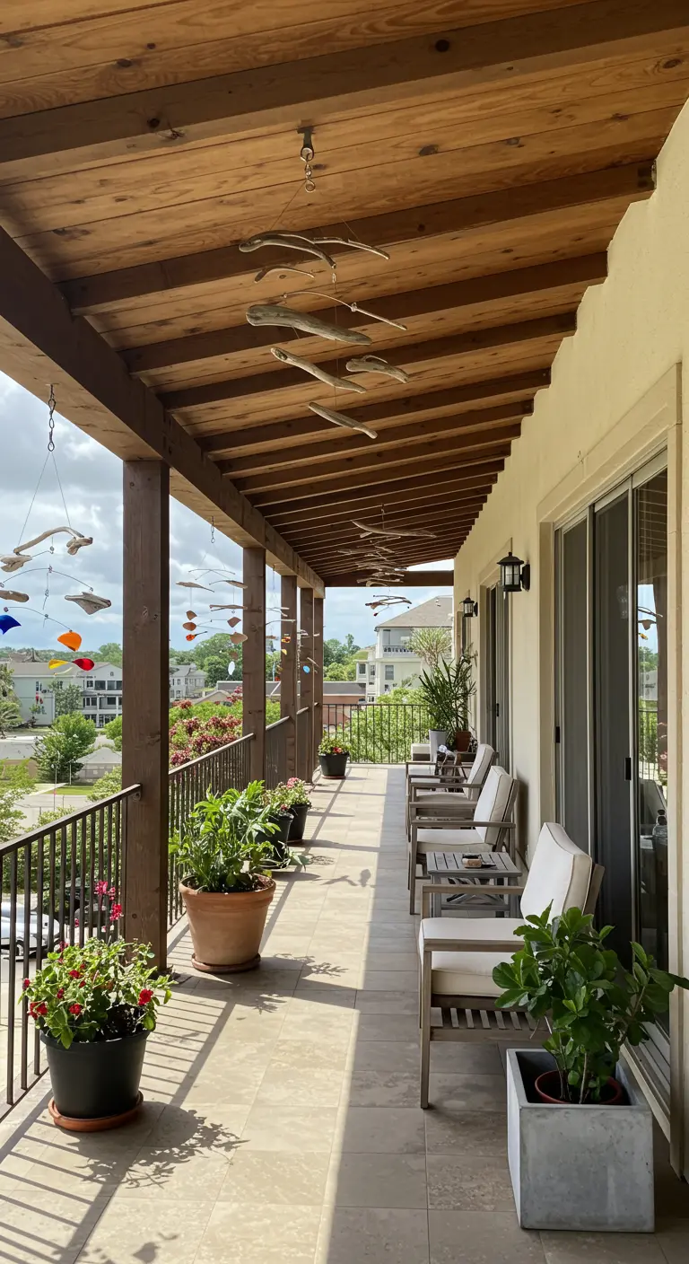 Overdekt balkon met houten plafond waaraan diverse hangende mobiles van hout en glas bungelen.