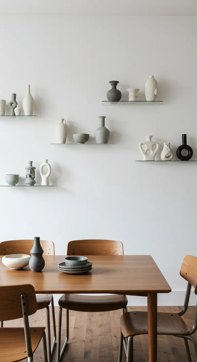 Witte muur met meerdere zwevende glazen plankjes waarop minimalistisch keramiek en vazen staan.