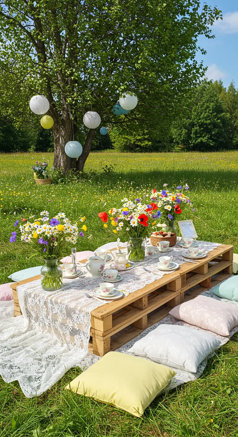 Picknicktafel van pallets met wit kant, wilde bloemen en lampionnen in een boom.