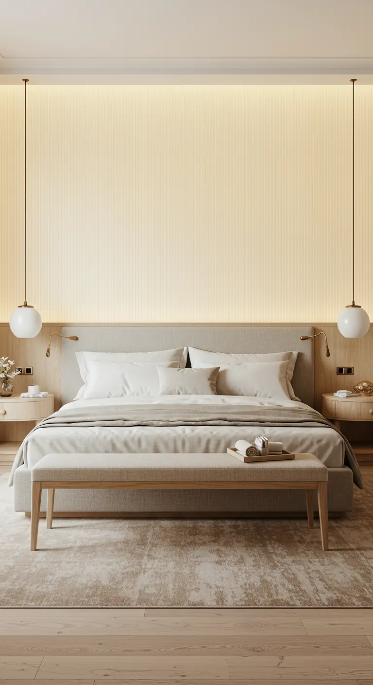 Lichte, serene slaapkamer met twee identieke, bolvormige hanglampen naast het bed.