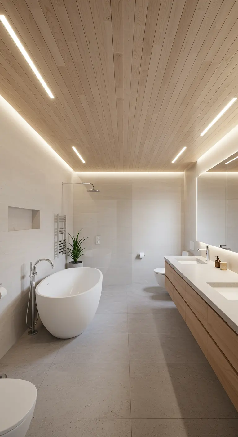Badkamer met houten lattenplafond en geïntegreerde LED-verlichting.