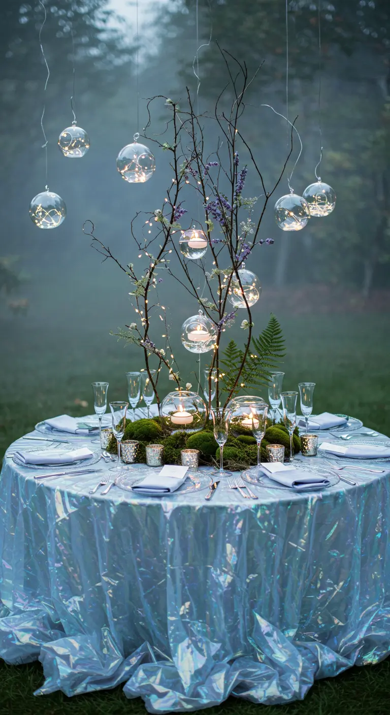 Tafel met iriserend kleed en zwevende glazen bollen met lichtjes en kaarsen.