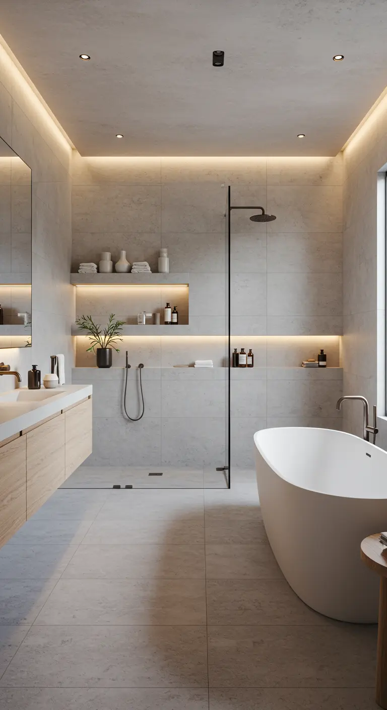 Moderne badkamer met lange, verlichte nis in douche en lichte houten elementen.