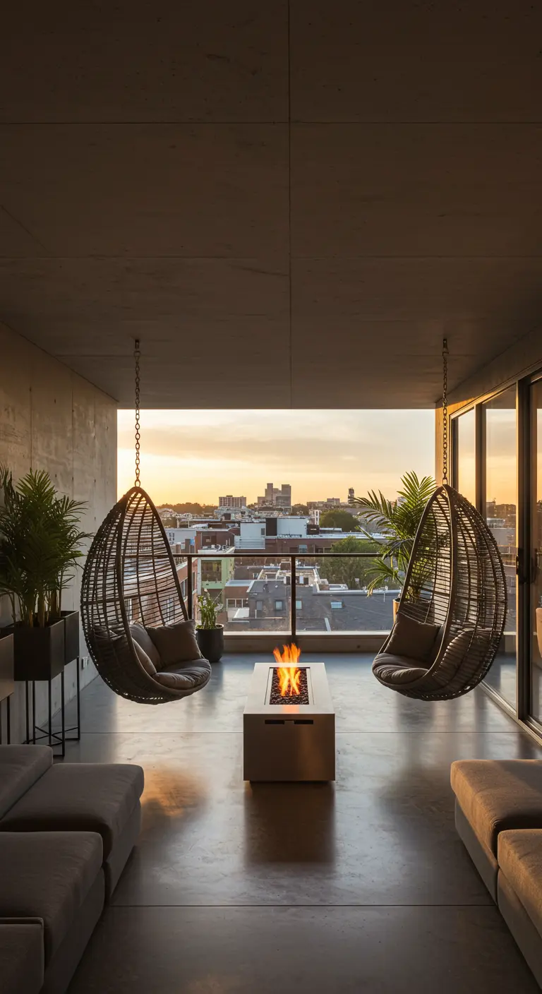Twee rieten hangstoelen hangend aan stalen plafondbalken op een modern balkon met een vuurplaats