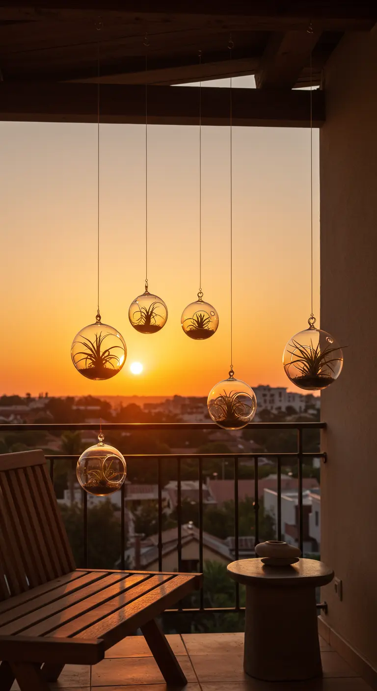 Glazen bollen met luchtplantjes hangend voor een balkon met zonsondergang.