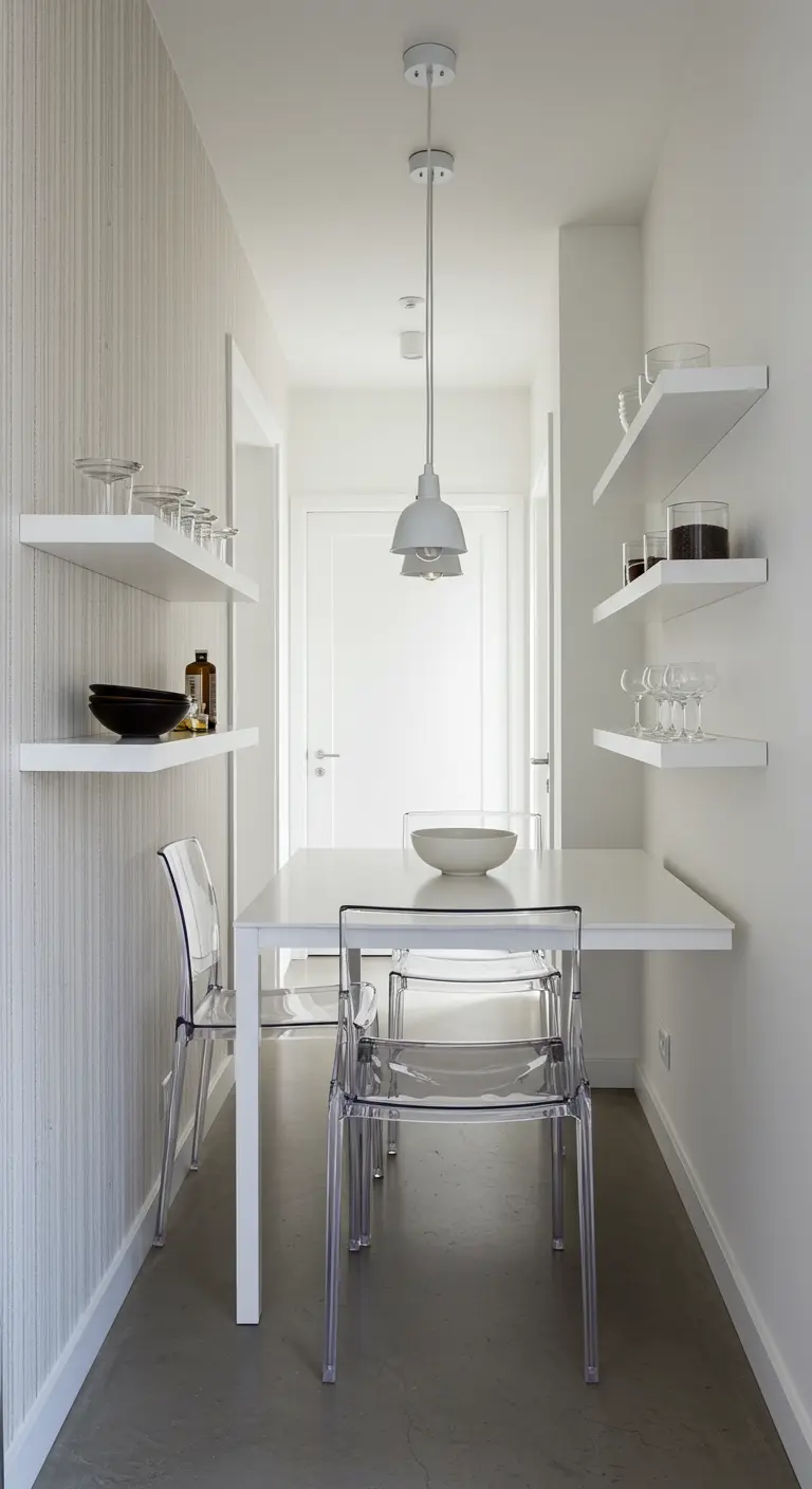 Smalle, witte eethoek in een gang met zwevende planken, transparante stoelen en witte hanglamp.