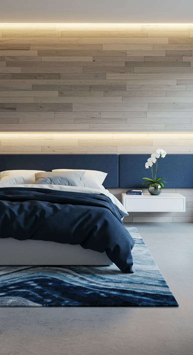 Moderne slaapkamer met houten wandpaneel, blauw beddengoed en zwevend nachtkastje.