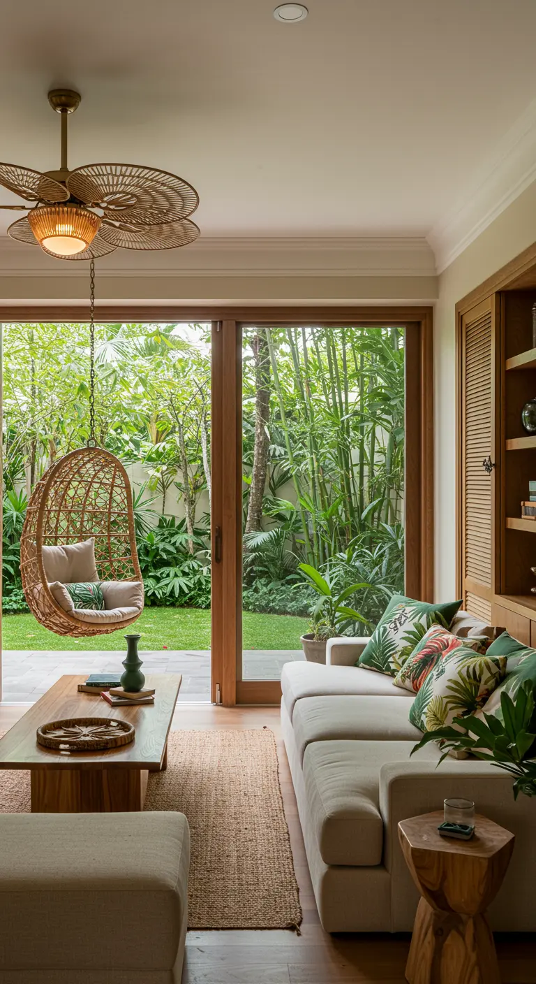 Woonkamer met een rotan hangstoel gevuld met kussens, uitkijkend op een groene tuin.