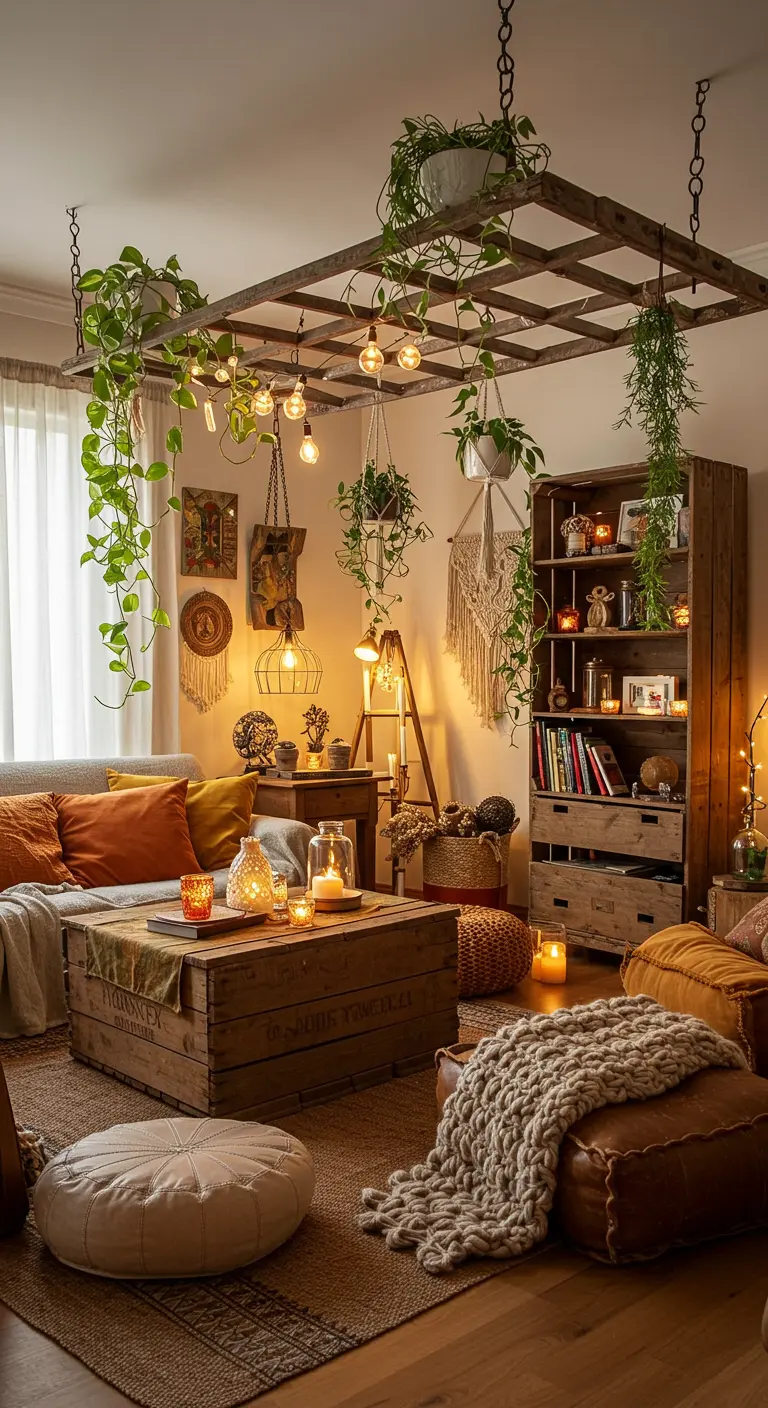 Bohemian woonkamer met een houten ladder horizontaal aan het plafond, versierd met planten en lichtjes.