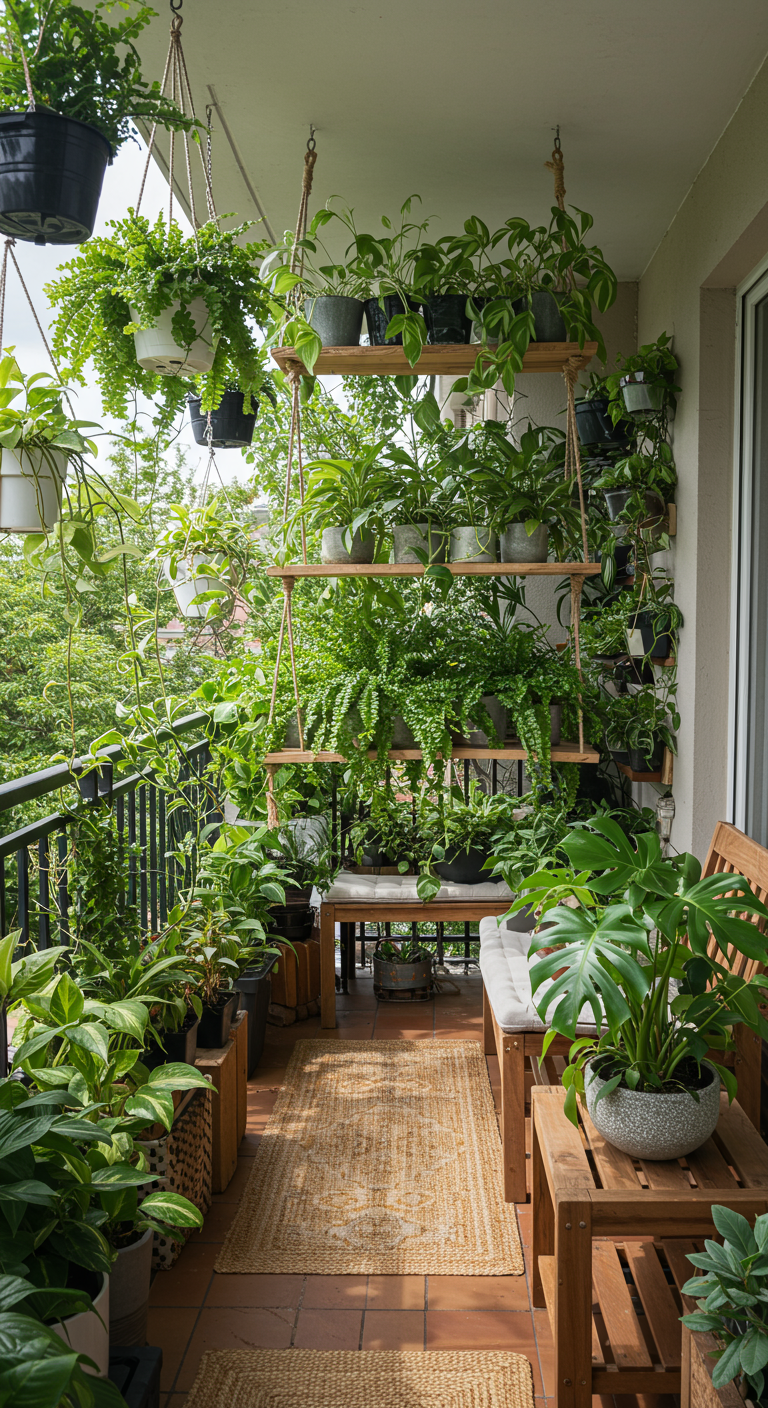 Hangend plantenrek van houten planken en touw, vol met groene planten op een balkon.