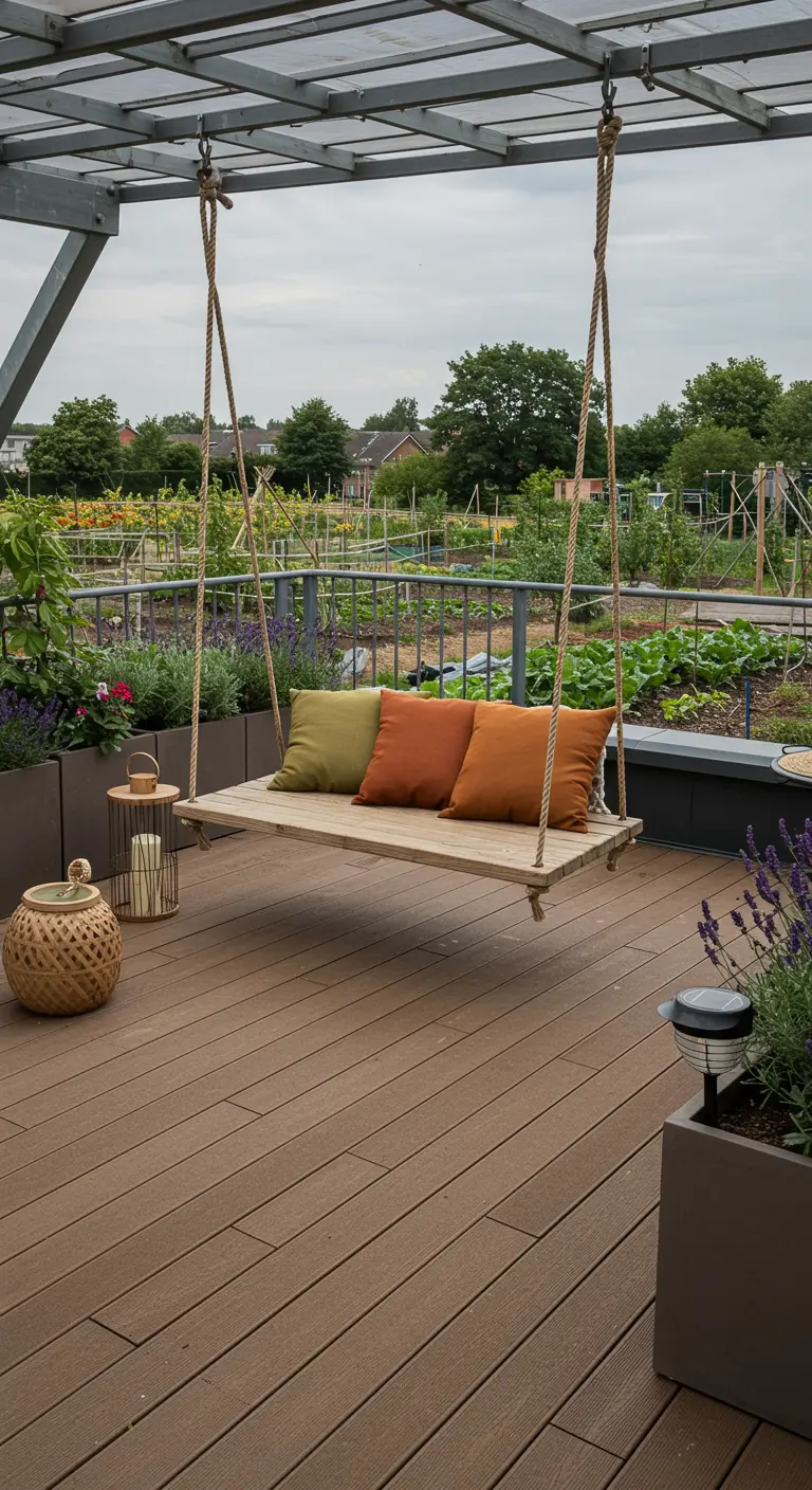 Dakterras met eenvoudige houten plankschommel, hoge plantenbakken met groenten en bloemen.