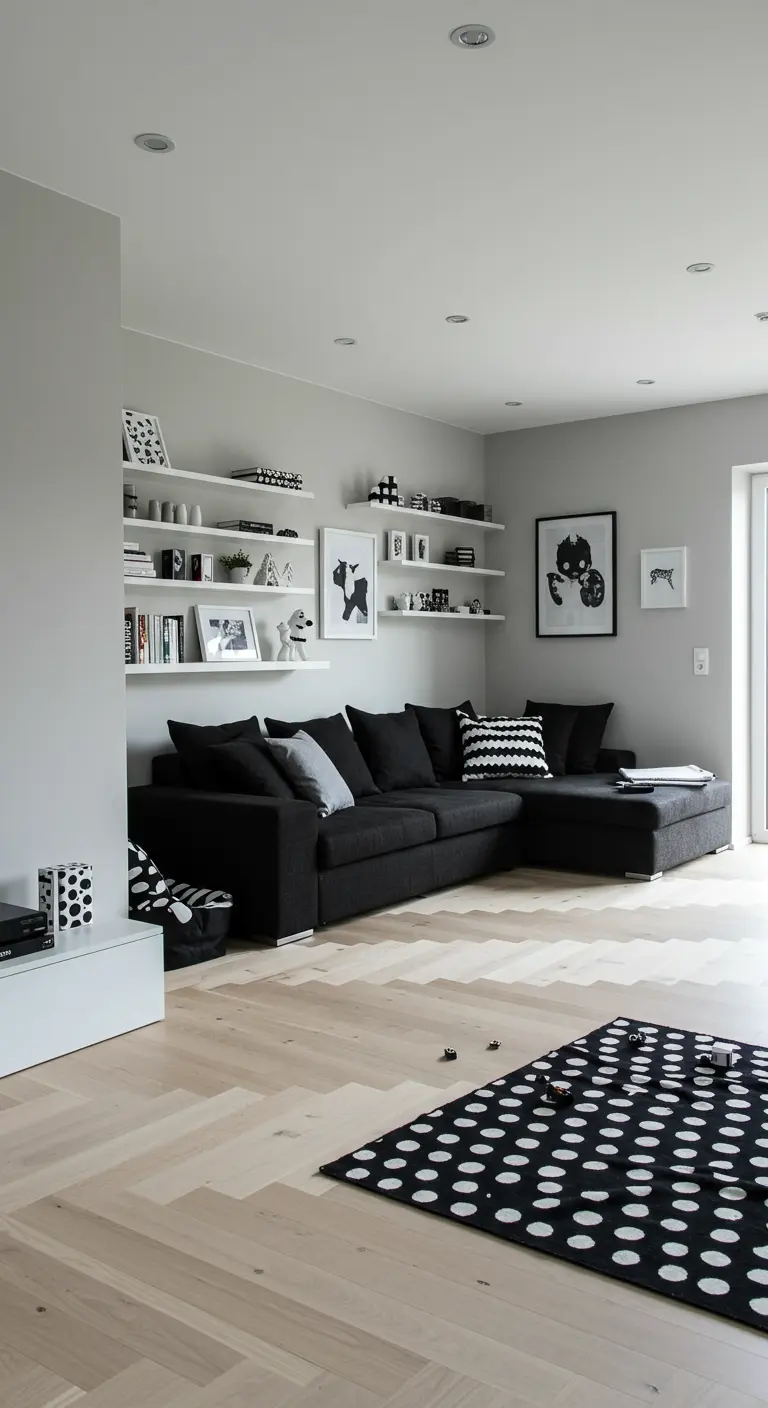 Moderne woonkamer met lichte muren, zwarte bank en witte zwevende planken met zwart-wit decoraties.