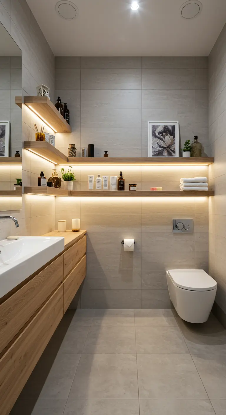 Badkamer met houten planken en geïntegreerde LED-verlichting eronder.