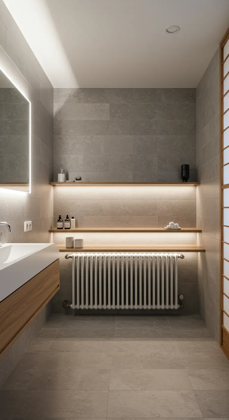 Witte radiator onder zwevende houten planken met ingebouwde LED-verlichting in moderne badkamer.