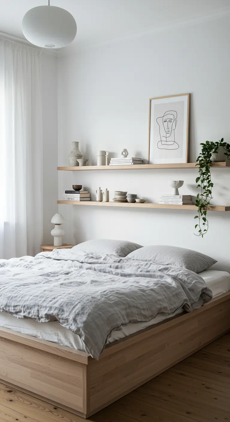 Minimalistische slaapkamer met zwevende houten planken boven het bed.