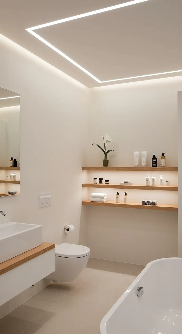 Badkamer met zwevende houten planken met LED-verlichting eronder.