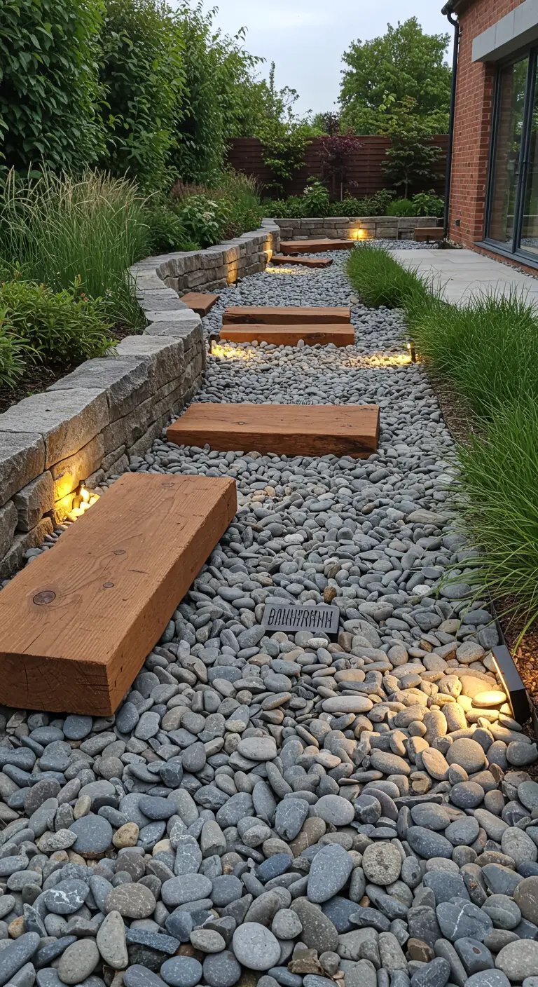 Modern tuinpad met houten planken, grijze kiezelstenen en geïntegreerde verlichting.