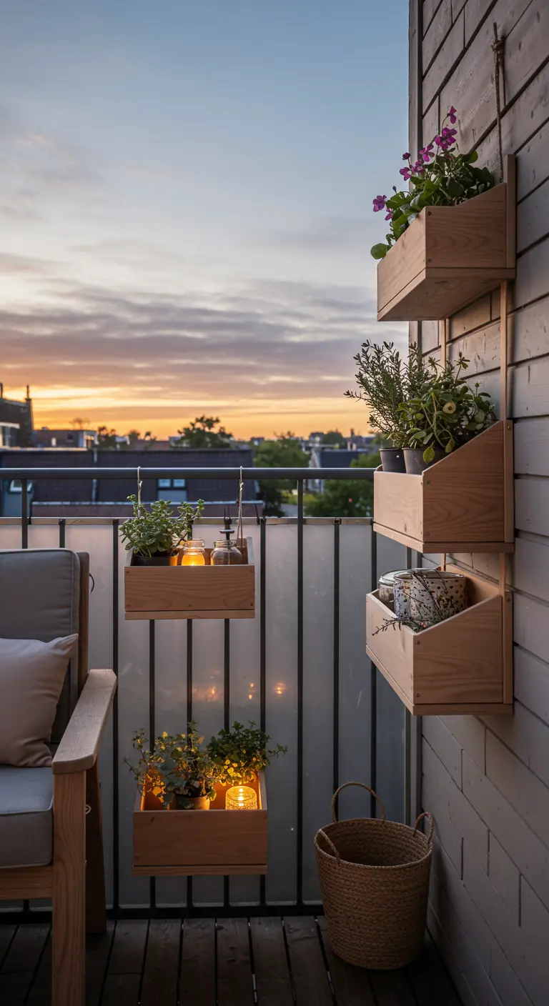 Houten bakjes hangend aan balkonreling en muur, gevuld met planten en decoratie.