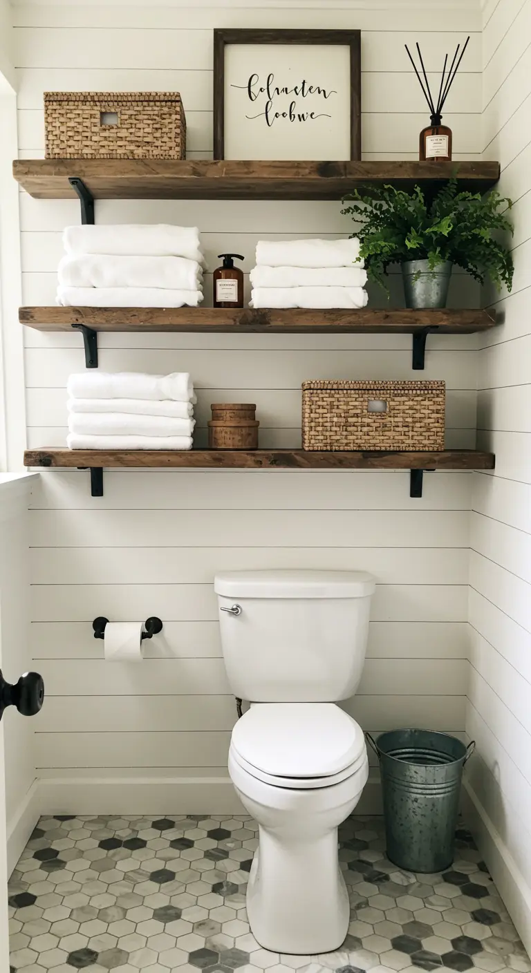 Houten wandplanken boven het toilet met handdoeken, mandjes en decoratie.
