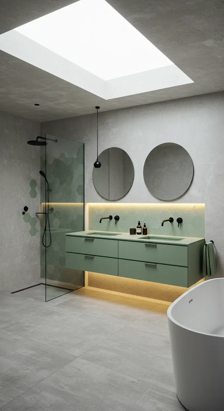 Moderne badkamer met saliegroen zwevend meubel, grijze tegels en dakraam.