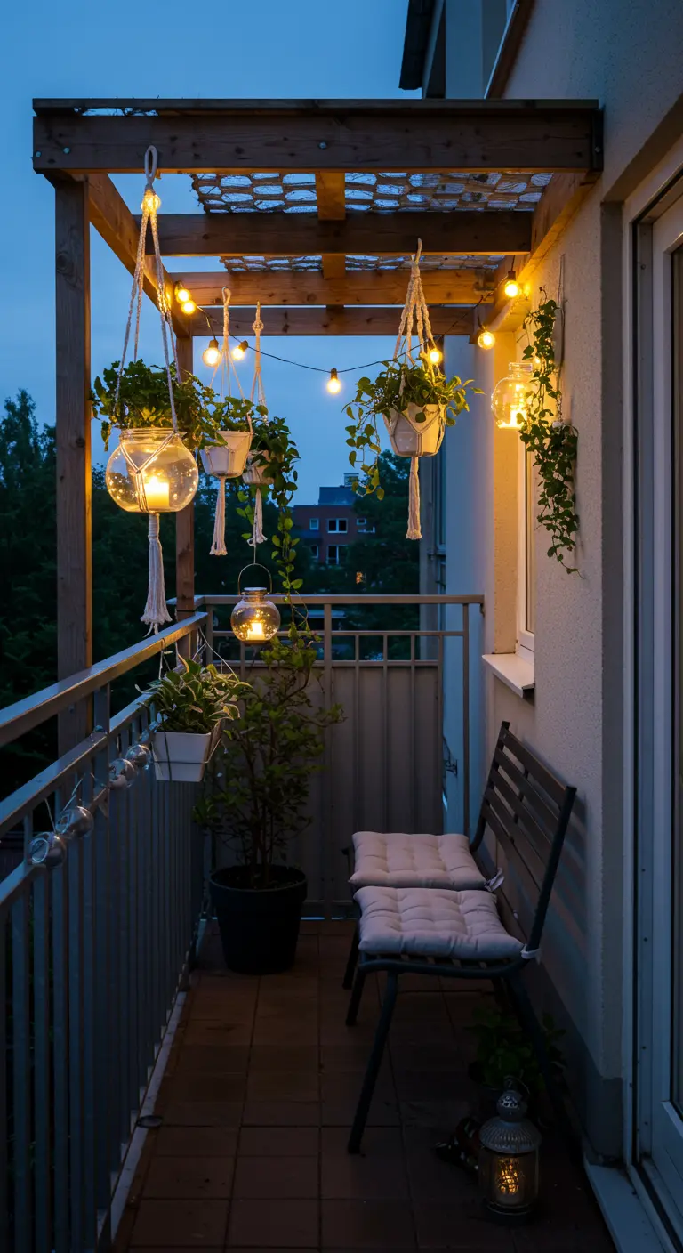Balkon bij avond met hangplanten in macramé, lichtslingers en een bankje.