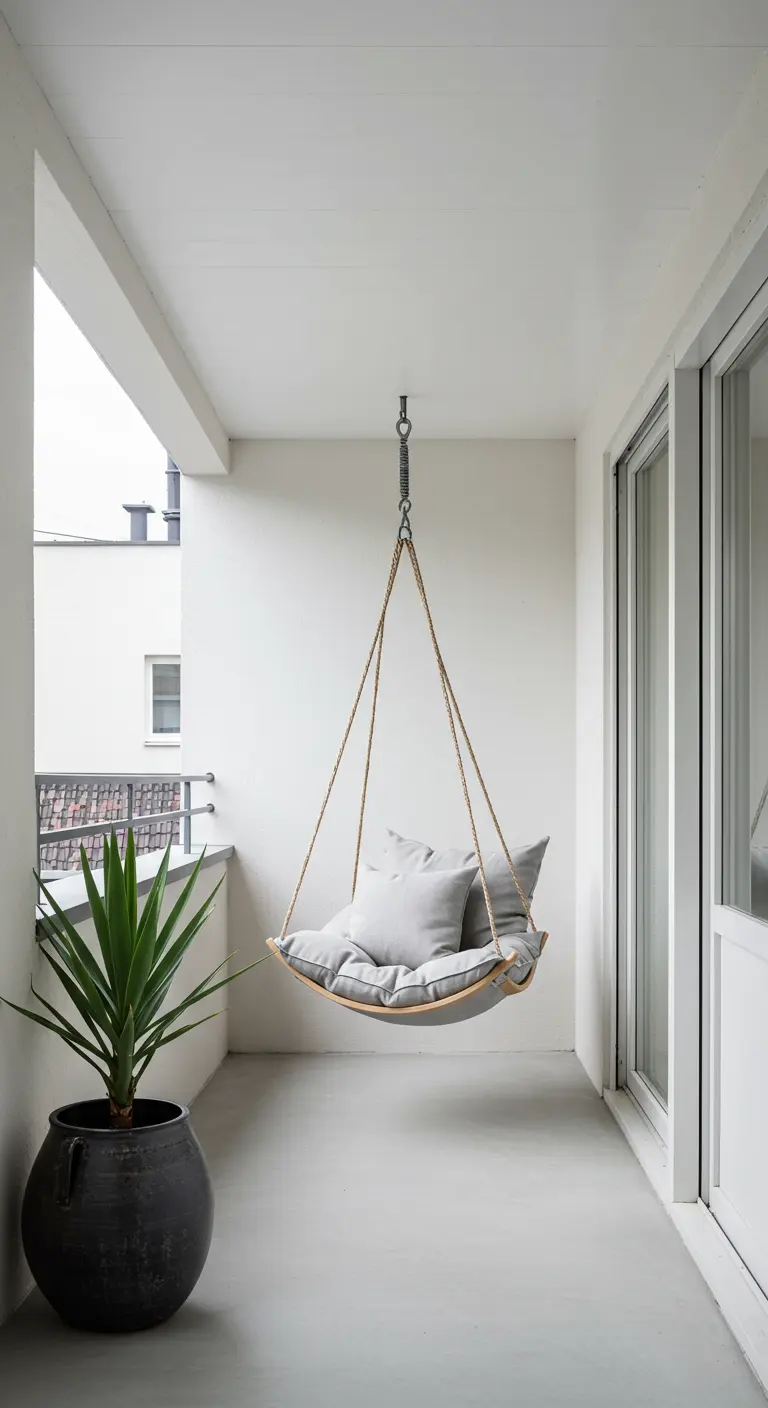 Minimalistische houten hangstoel met grijze kussens op een modern balkon met een grote groene plant.