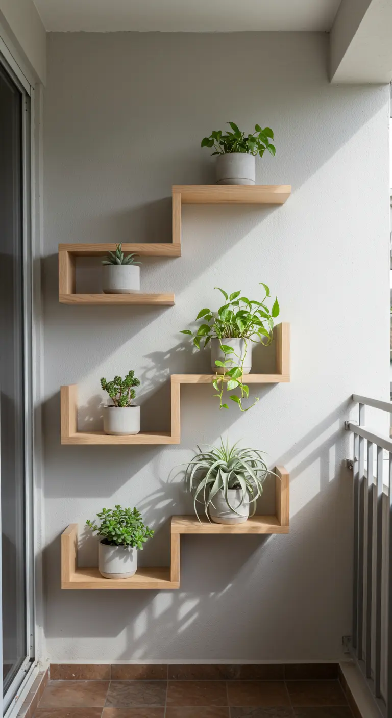 Zwevende houten wandplanken in trapvorm op balkonmuur met kleine groene plantjes.