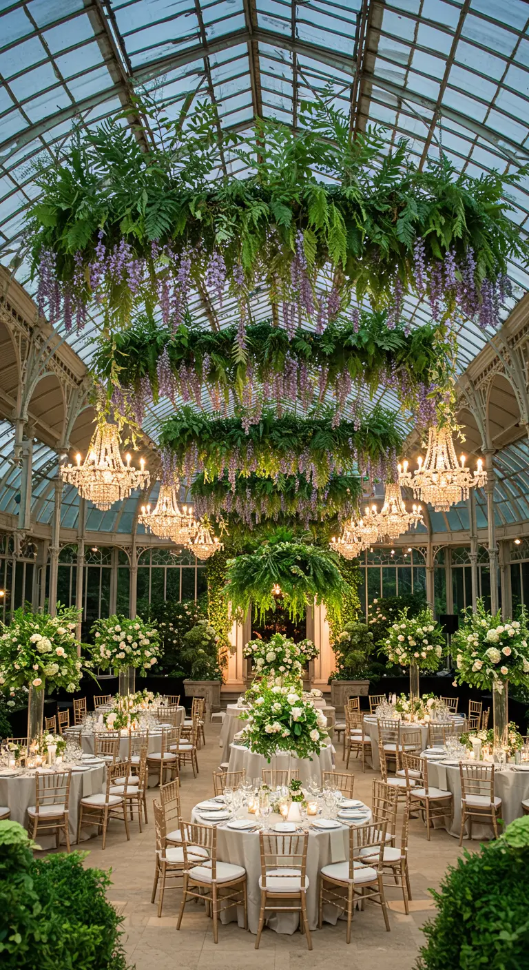 Elegante trouwlocatie met hoge glazen plafonds, hangende groene installaties en kroonluchters.