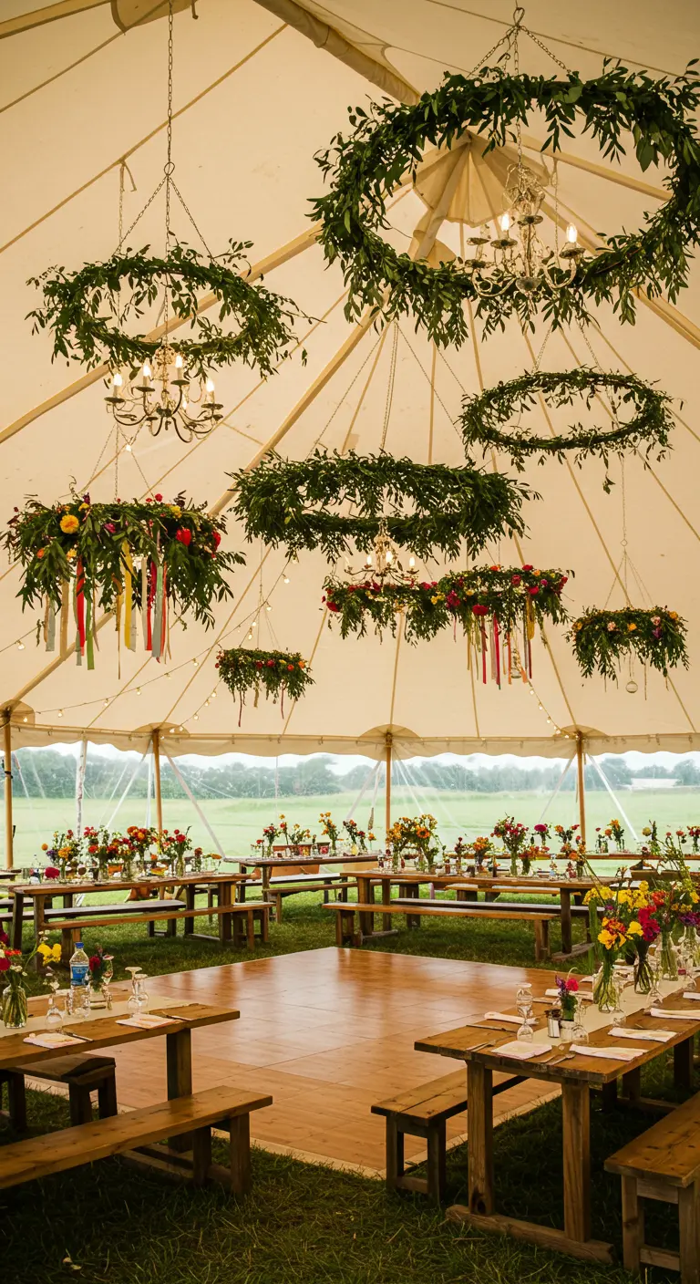 Plafond van trouwtent versierd met hangende groene kransen, bloemen en linten.