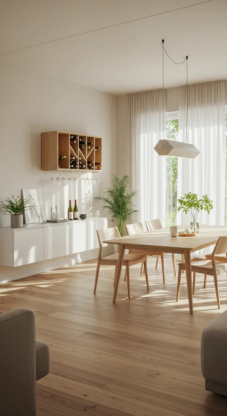 Lichte eethoek met houten wijnrek en glashouders aan de muur boven een wit dressoir.
