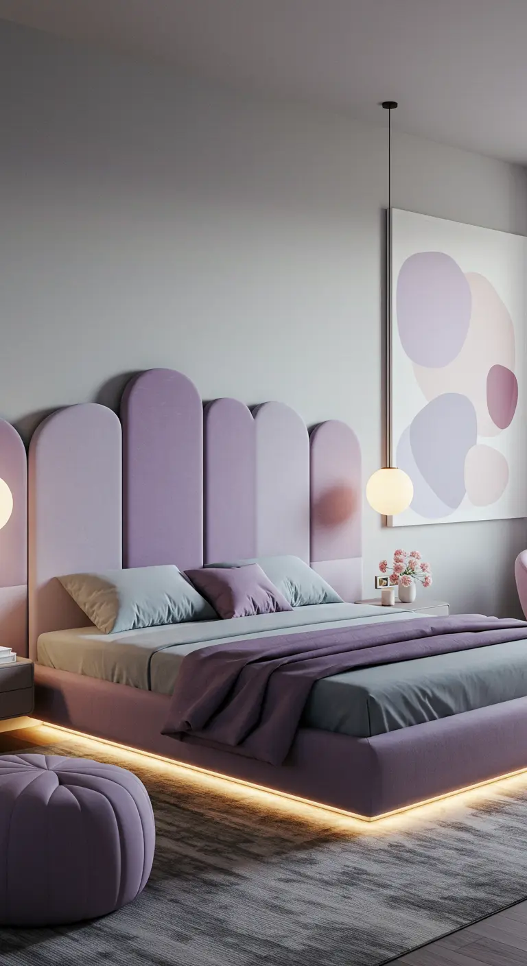 Paarse slaapkamer met zwevend bed, abstracte kunst, verlichting onder bed en ronde poefs.