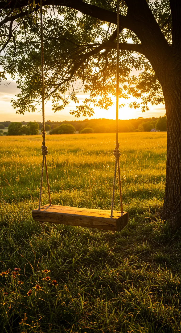 Boomstam-schommel aan touwen in een veld met hoog, goudkleurig gras tijdens zonsondergang.
