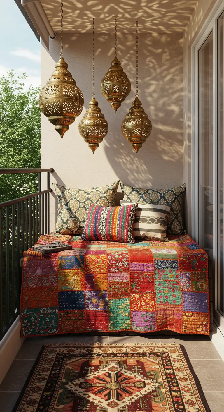 Knus balkon met patchwork sprei, diverse kussens en hangende gouden lantaarns.