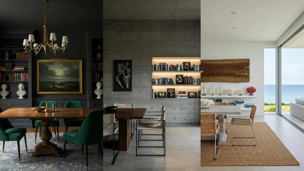 Drie diverse eetkamers met kunst, boeken en unieke designobjecten die samen een stijlvol thuis vormen.