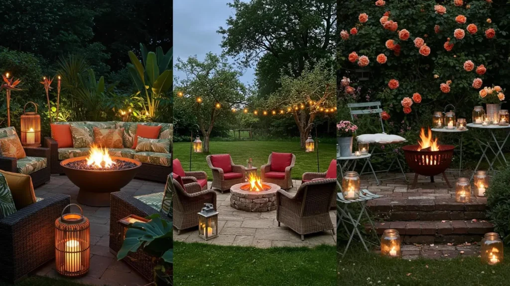 Sfeervolle tuinscènes met brandende vuurkorven, lantaarns en warme verlichting.