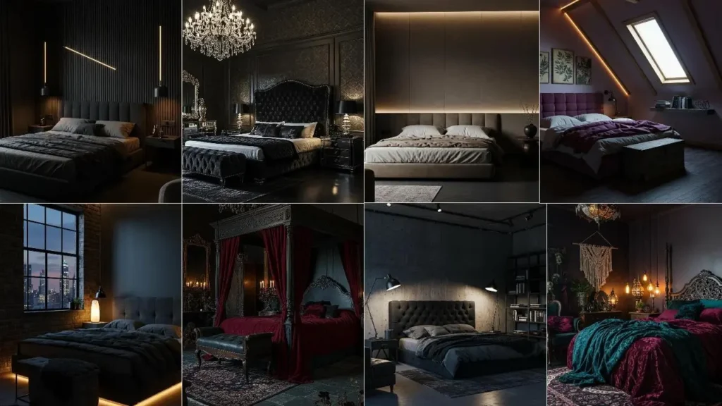 Diverse mysterieuze slaapkamers in donkere tinten, met fluweelzachte stoffen en sfeervolle verlichting.