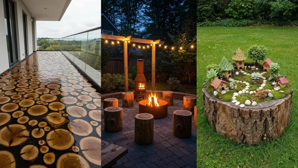 Diverse natuurlijke decoraties met boomstammen en schors, zoals een boomstamvloer, buiten vuurplaats en sprookjestuin.